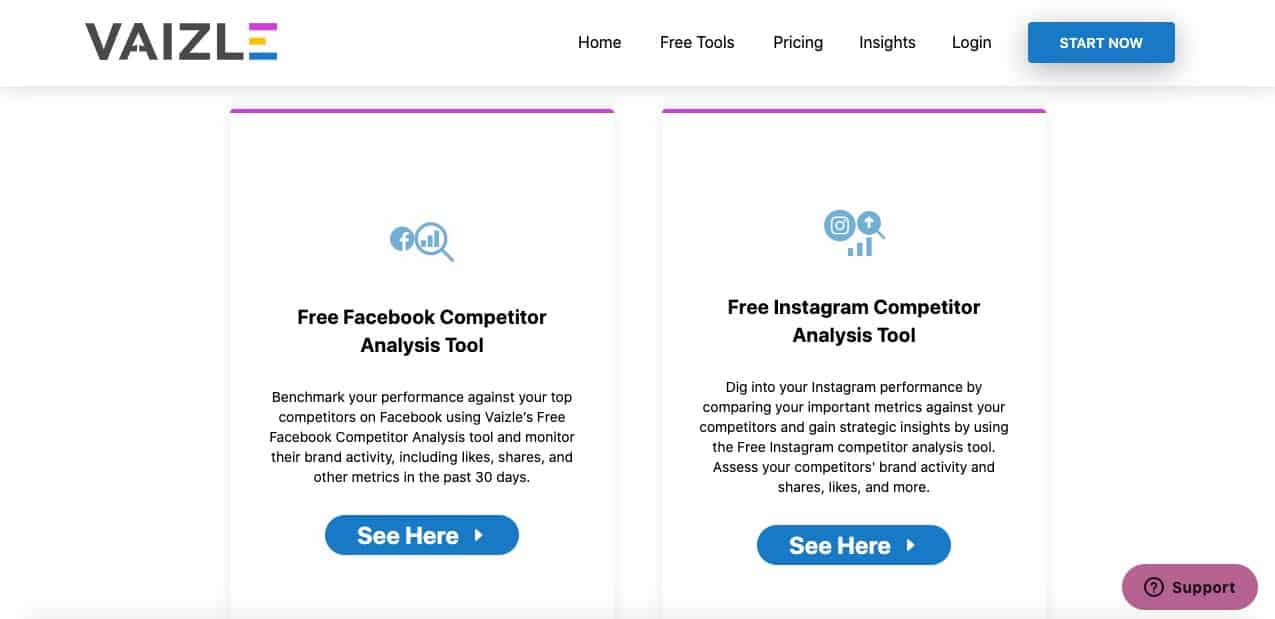 vaizle app - free social media competitor analysis tool A screenshot of Vaizle app with links to free social media competitor analysis tools