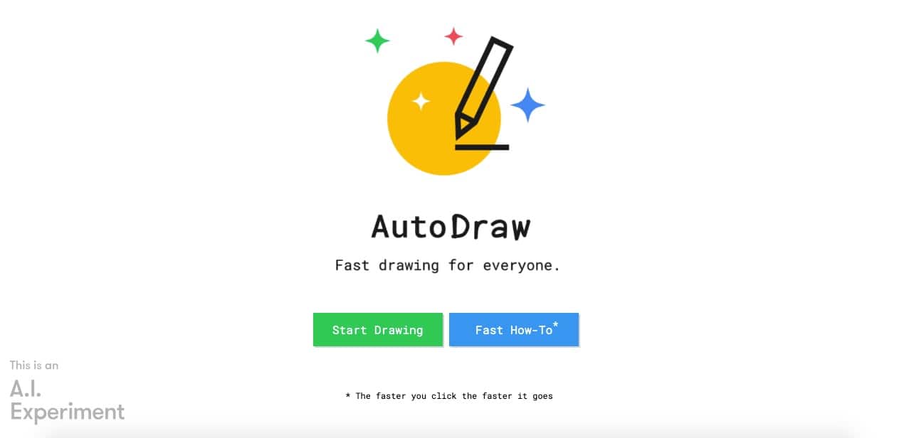 AutoDraw Homepage screenshot of Autodraw, an AI image generator tool that generates sketches from doodle drawings.