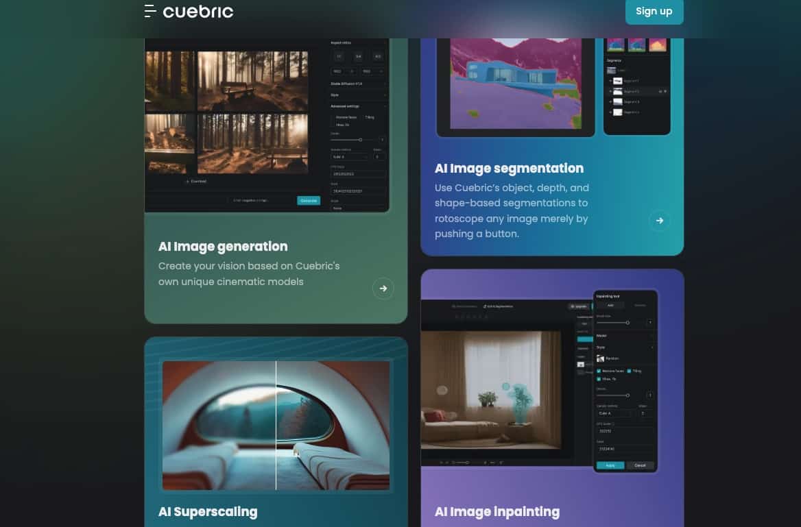 Cuebric Cuebric homepage showing different kind of AI generated art backdrops and segmentation outputs