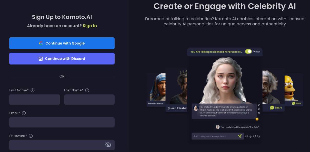 Kamoto.AI Kamoto AI showcasing examples of AI personalities created by the tool.