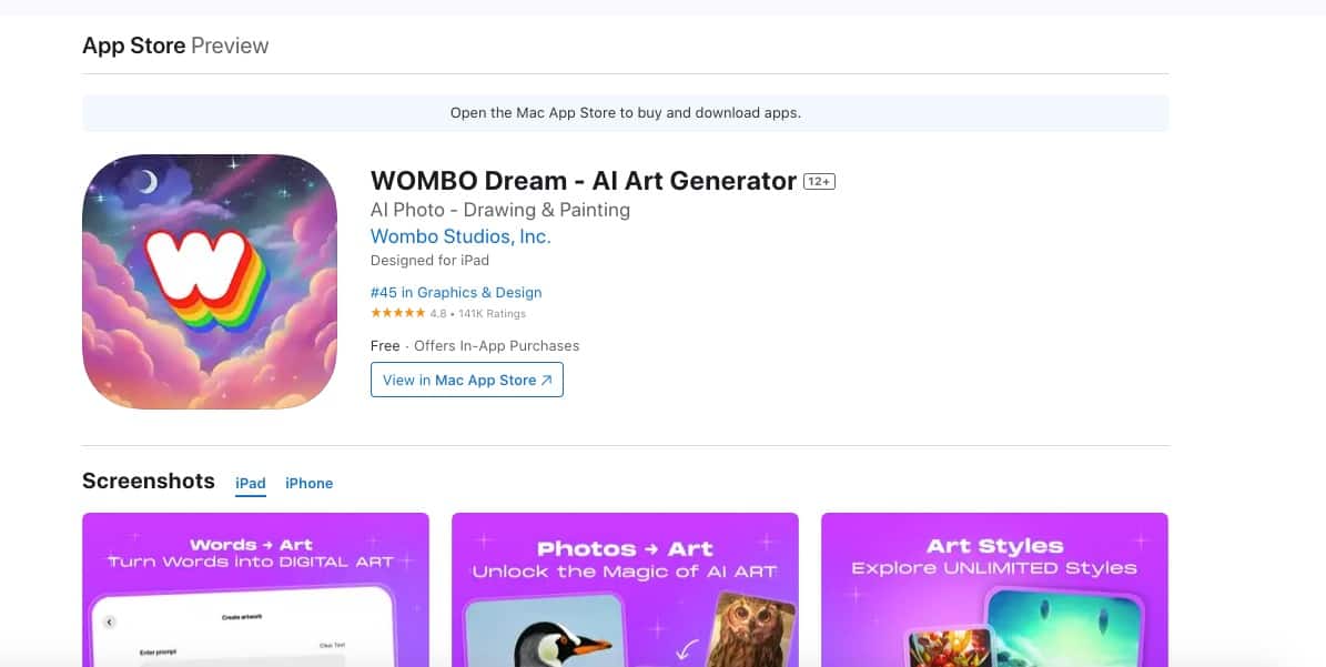 WOMBO Dream - AI Art Generator on mobile Screenshot of Dream by Wombo App store page.