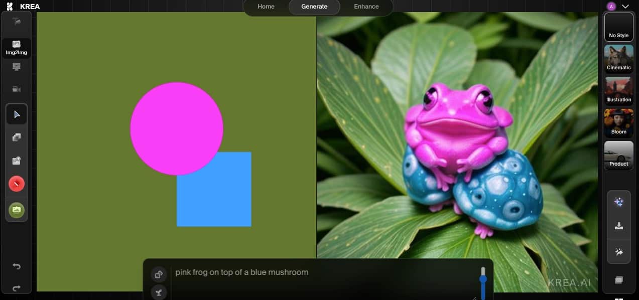 krea AI app Krea tool in action, changing colors of a demo inage