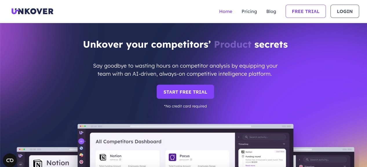 Unkover - Competitive business Intelligence Tool Unkover homepage screenshot